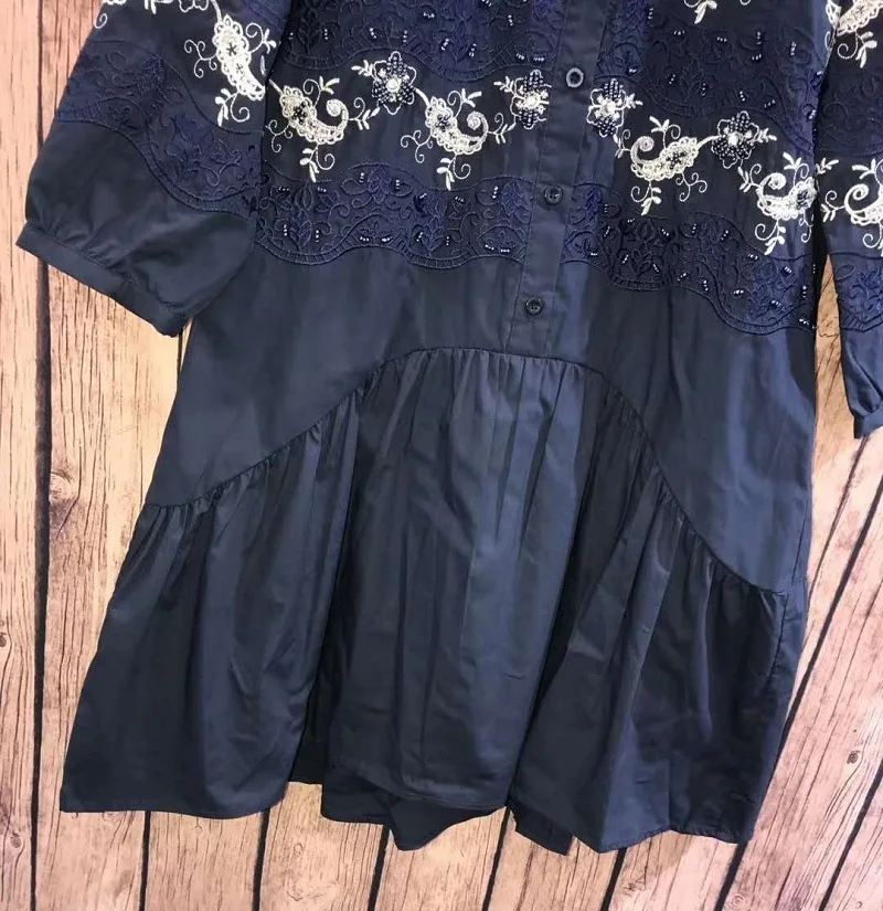 

Fashion 2021 Summer Long Shirt Dress High Quality Women Exquisite Embroidery Half Sleeve Casual Loose Cotton Dress Dark Blue