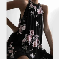 50 hot sales dress floral print sleeveless summer women retro pleated chiffon dress for beach