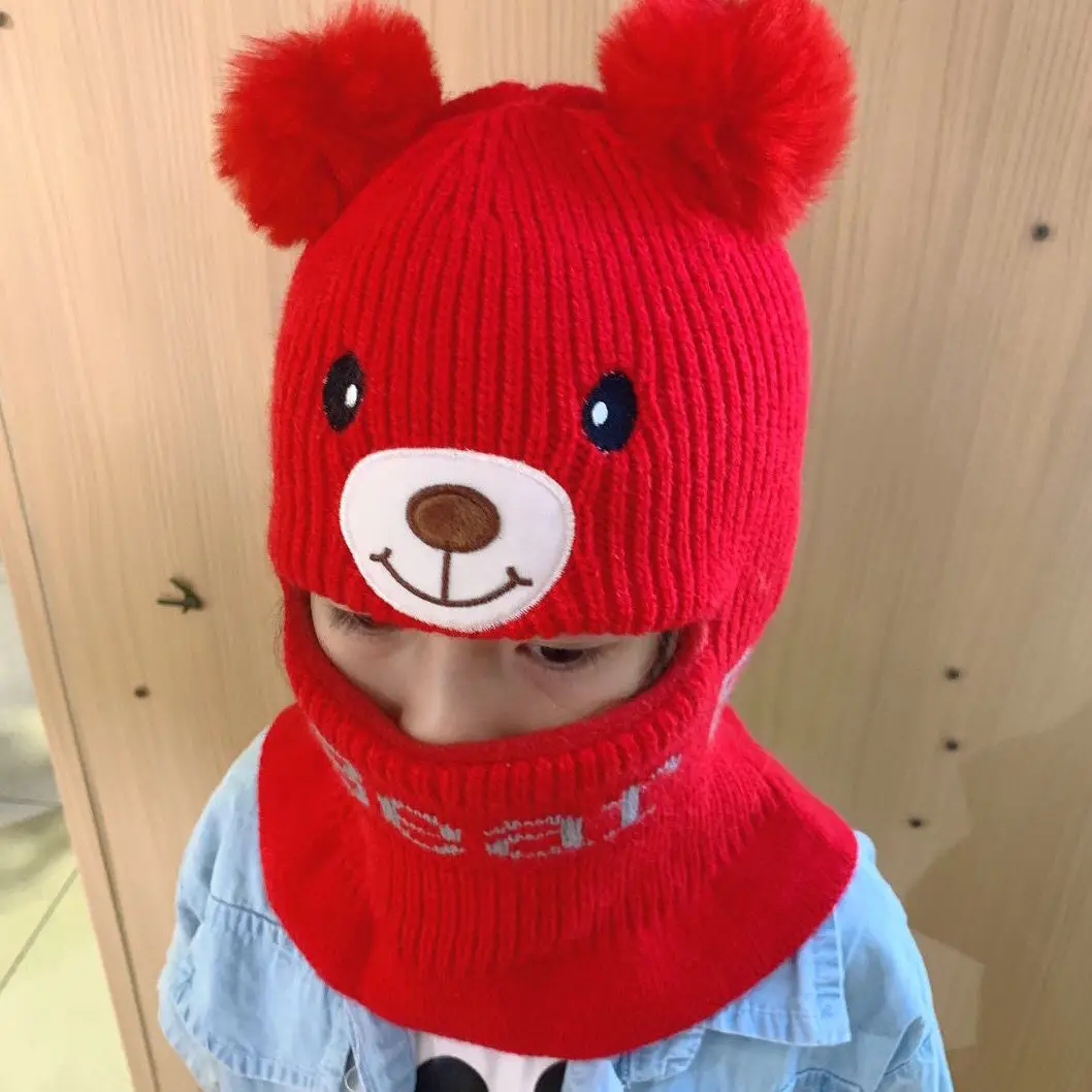Шапка-бини с мультяшным медведем для мальчиков и девочек зимняя теплая вязаная