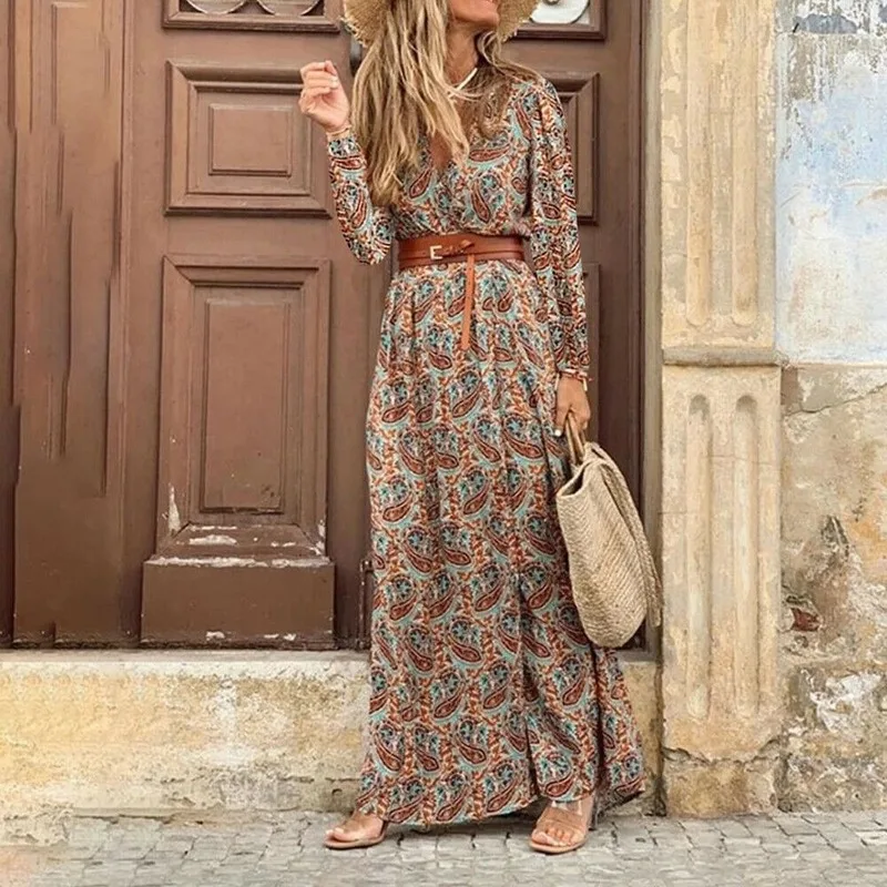 

Women Elegant Dress Casual Long Sleeve Button Down Boho Dress Female Party V Neck Print Chain Dress Maxi Beach Dress Summer 2021