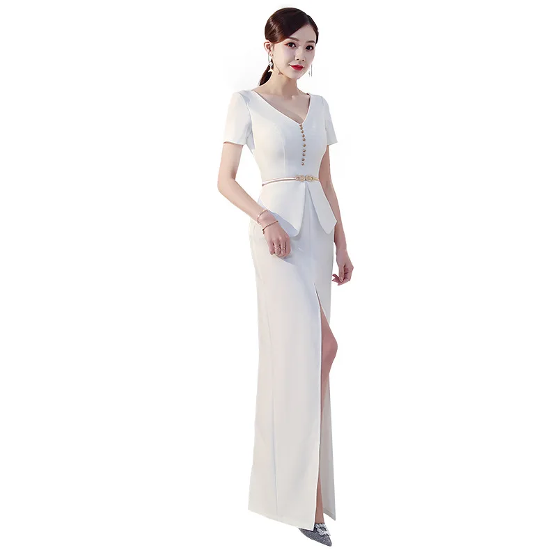 

Office Lady Elegant V-Neck Formal Party Sheath Dresses Sexy Short Sleeve Satin Evening Prom Gown Slim Gold Button Chinese Dress