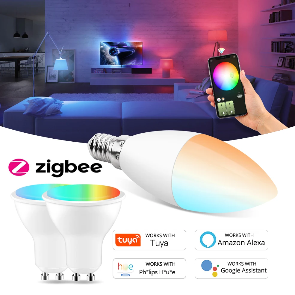 

Tuya Zigbee Bulb E14 GU10 Smart Light Bulb RGB+WW+CW Color Changing Zigbee Lamp For Philips Hue Alexa Amazon Google Required Hub