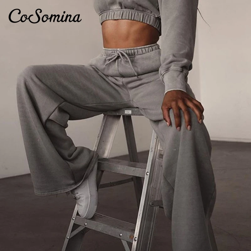 

CoSomina 2021 повседневные свободные брюки с высокой талией однотонные прямые женские длинные брюки повседневные брюки на шнуровке с поясом для ...