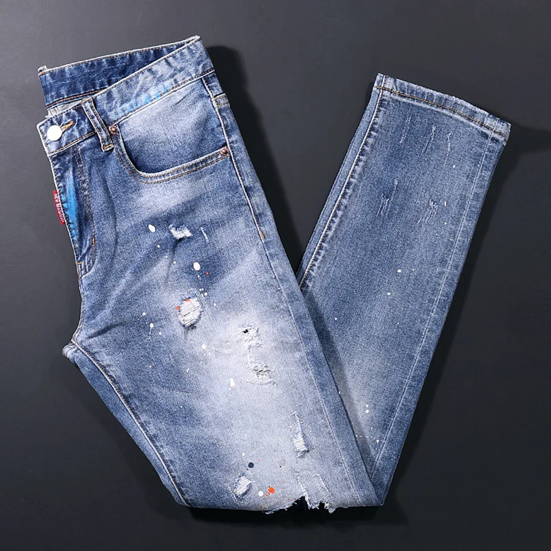 European Street Style Fashion Men Jeans Retro Blue Elastic Slim Fit Ripped Jeans Men Painted Designer Hip Hop Denim Punk Pants