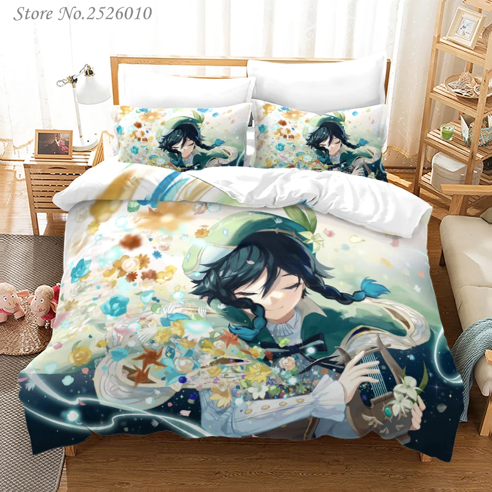 

New Anime Genshin Impact 3D Printed Bedding Set King Duvet Cover Pillow Case Comforter Cover Bedclothes Bed Linens 02