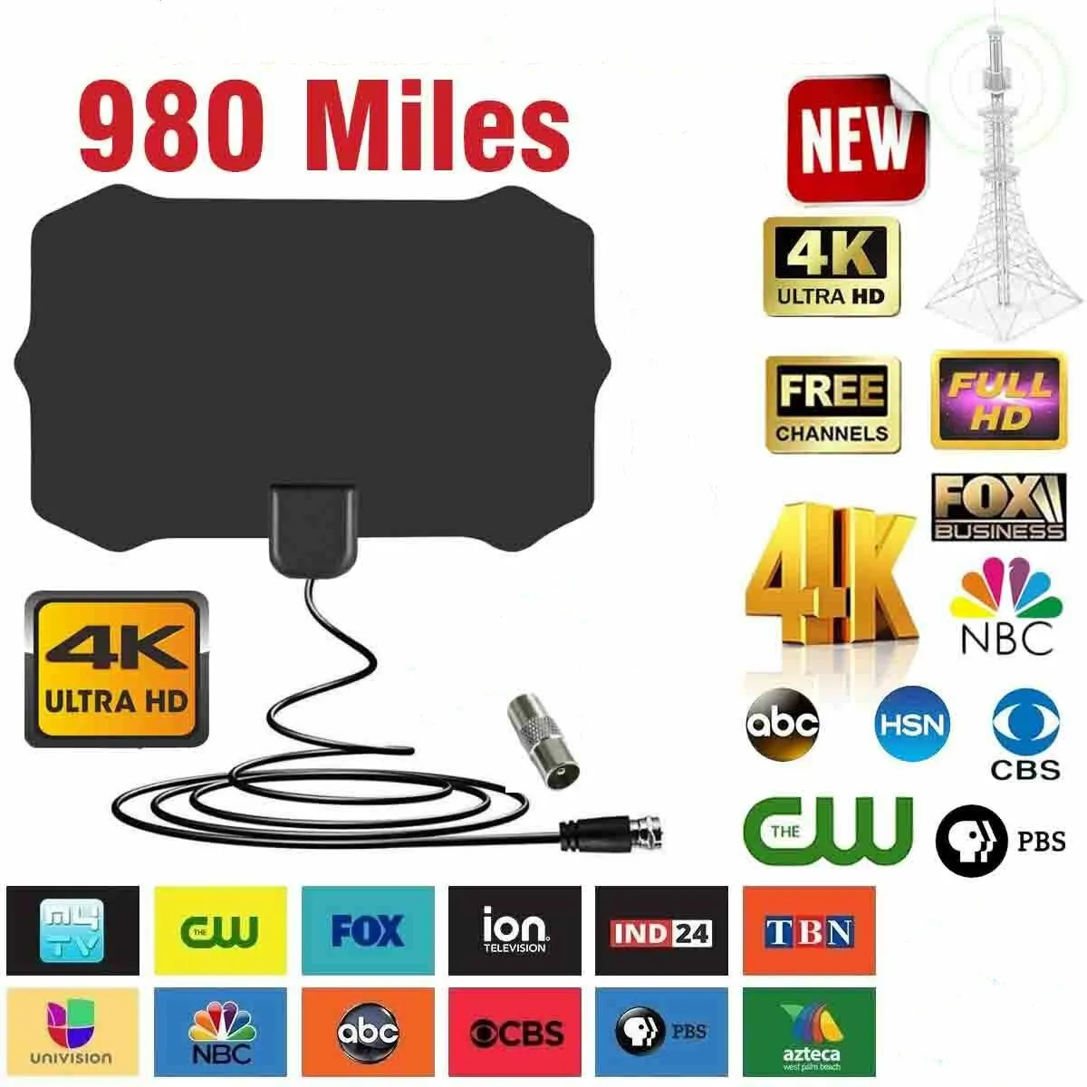 Усиленная HD ТВ антенна бесплатные каналы Кабель 13 футов TV 4K VHF и UHF Fox 980