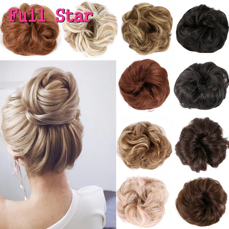 Full Star Synthetic Natural Messy Hair Bun Chignon Fake Hair Bridal Donuts Hairpiece For Women Wrap Curly Elastic Updo Scrunchy