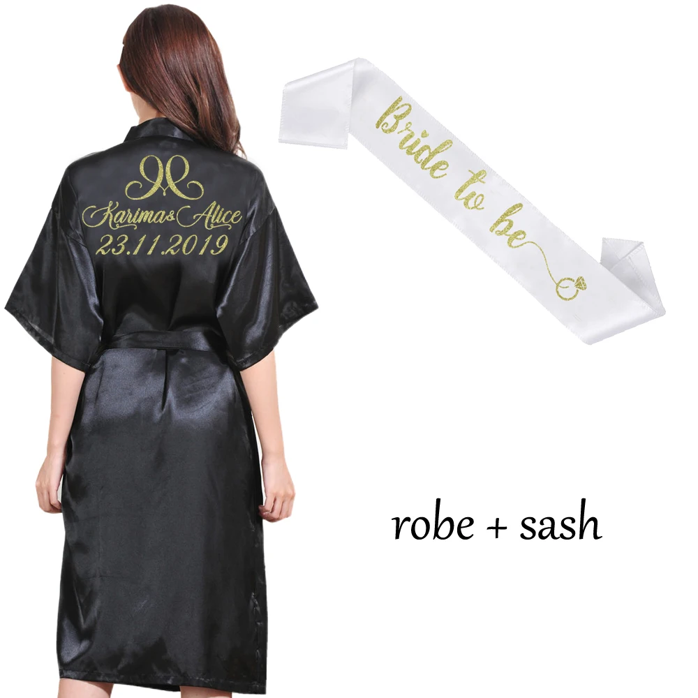 Black robe sash Индивидуальный длинный халат, Свадебный индивидуальный халат для невесты, вечерние, имитирующий шелк, мягкий домашний банный халат для женщин, кимоно, халаты - Цвет: Black robe sash