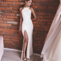 2020 simple wedding dress sleeveless halter neck backless front split robe de mariee custom made white ivory satin bridal dress