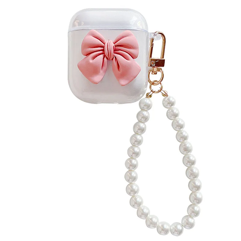 

3D Transparent bow pearl bracelet keychain hard Earphone case for apple airpods 1 2 airpods pro 3 Wireless Headset cute cover