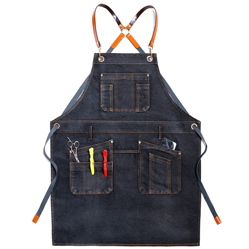 

Cowboy Denim Pocket Hairdresser Apron Cooking Coffee Pinafore House Cleaning Bibs Men Women Master Apron For Kitchen Accessories