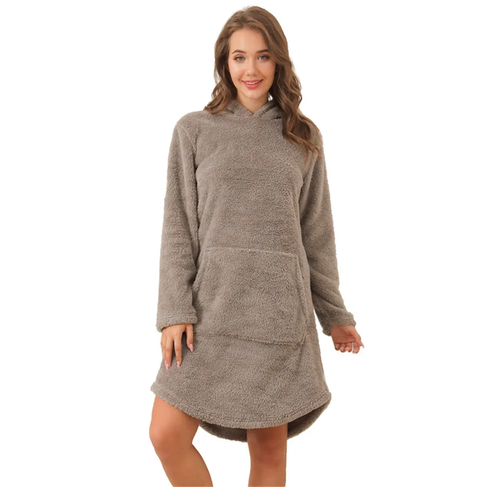 

Winter Dress Women Solid Loose Front Pocket Long Sleeve Mini Dress Casual Daliy Plush Dress