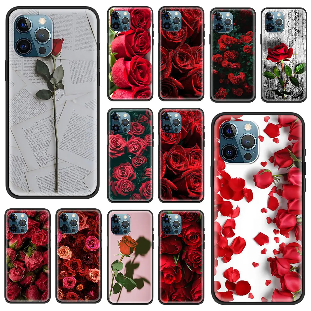 Silicone Case for iPhone 11 Pro Max 12 Mini 7 8 Plus XR X XS Phone Funda Cover SE 2020 6 6S 5 5S Shell Red Rose Flower Coque Sac