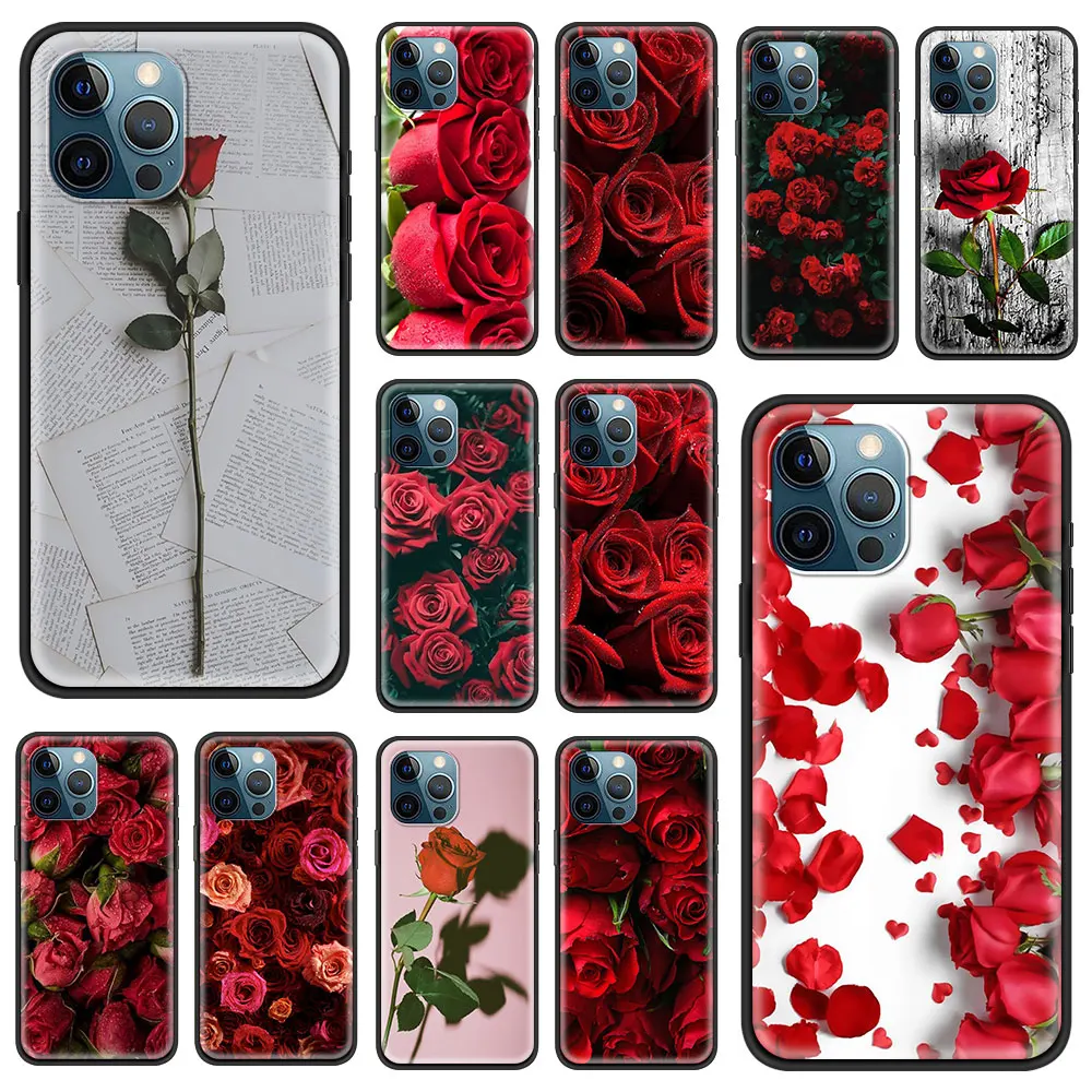 Силиконовый чехол для iPhone 11 Pro Max 12 Mini 7 8 Plus XR X XS Phone Funda Cover SE 2020 6 6S 5 5S Shell Red Rose Flower Coque