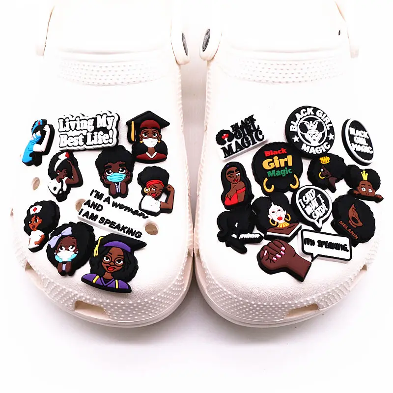 23 Kinds Black Human Rights Shoe Charms Accessories Black Girl Magic PVC Shoe Decoration for Croc jibz Kids Party X-mas Gifts