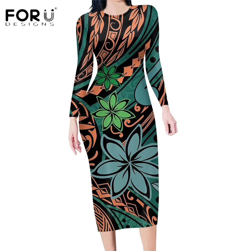 

FORUDESIGNS/новый тренд Гавайский Плюмерия с рисунком полинезийского племени, сексуальные длинные топы с круглым вырезом, облегающие вечерние п...