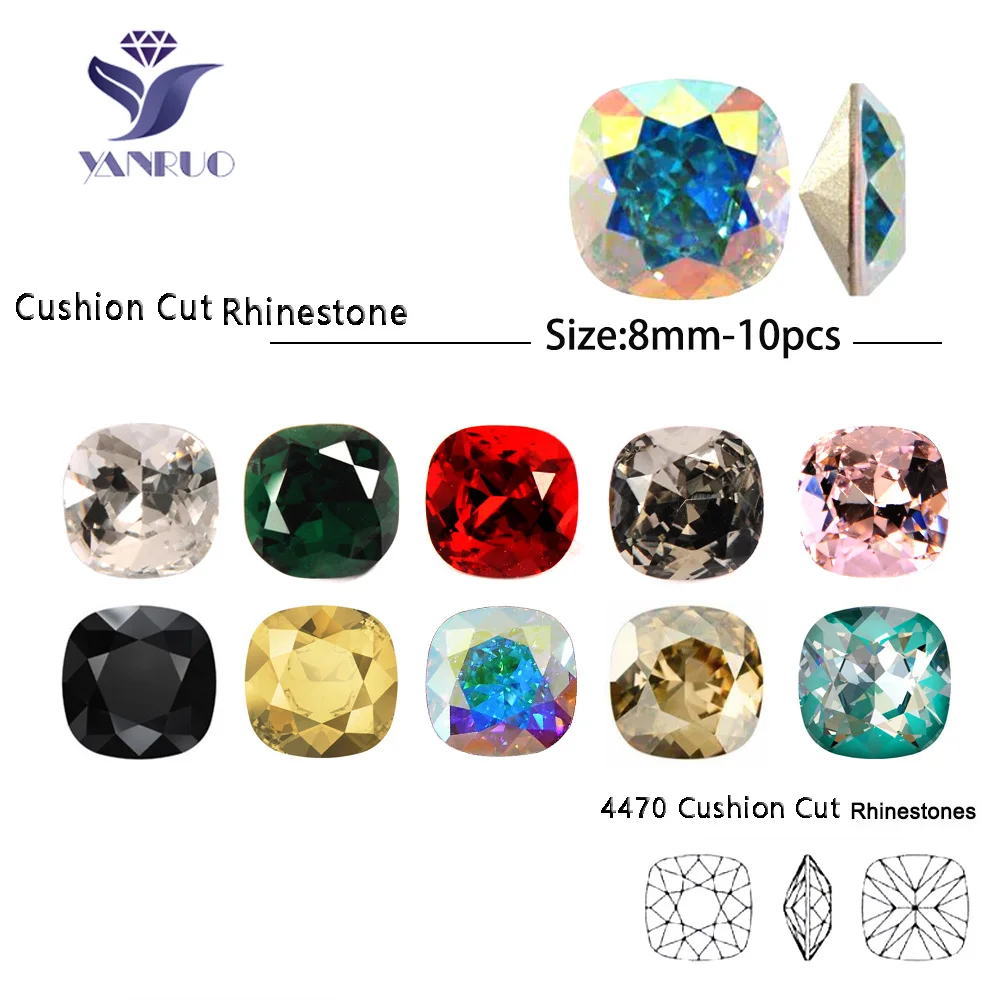 

YANRUO 8mm 4470-Cushion Cut Crystal Manicure Rhinestones Nail Decoration Strass Charms Stones For 3D Designs Nails Accessoires