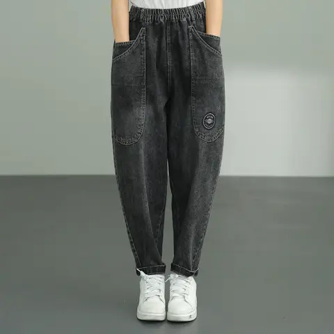 2021 New Arrival Autumn Women Cotton Denim Ankle-length Pants Elastic Waist Casual Loose Pocket Patchwork Harem Pants Jeans W686