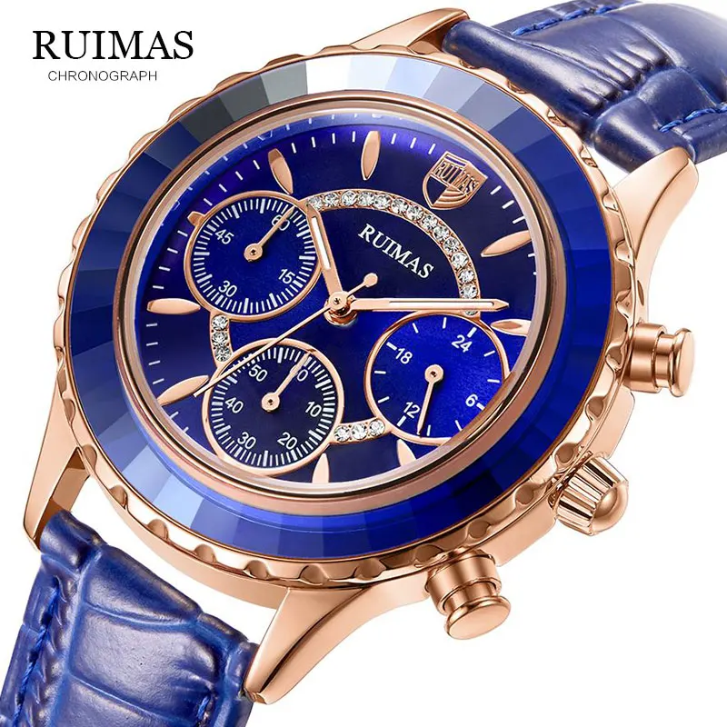 Женские часы RUIMAS роскошный бренд синие классические хронограф для наугад