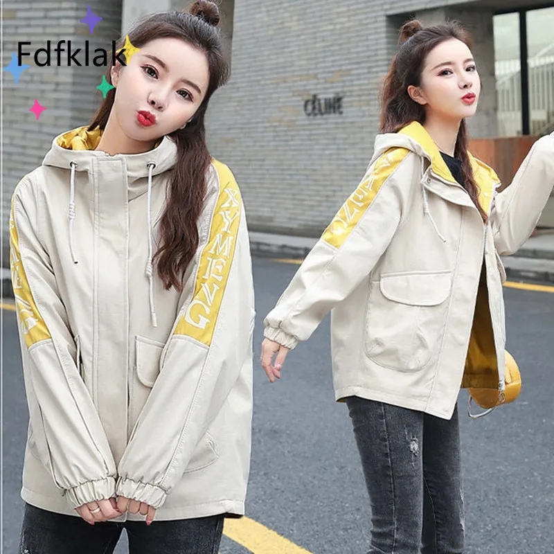 

Fdfklak Spring Fall Women Jacket Fashion Hooded Letter Print Outwear Female Loose Casual Windbreaker Trench Coat All-Match Tops