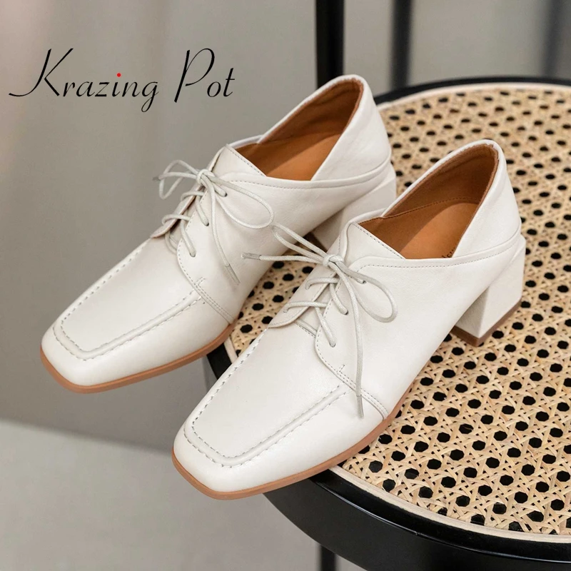 

krazing pot new natural leather square toe high heels European style mature office lady classic colors lace up women pumps L19