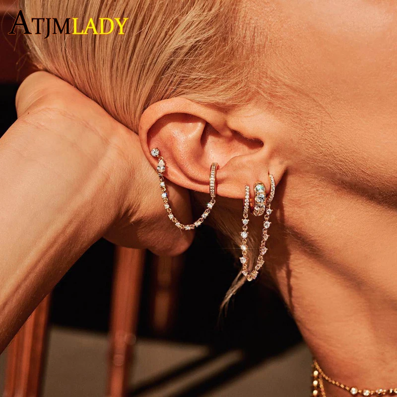 Мини-серьги с двойным отверстием золотые кольца цепочкой радужным фианитом