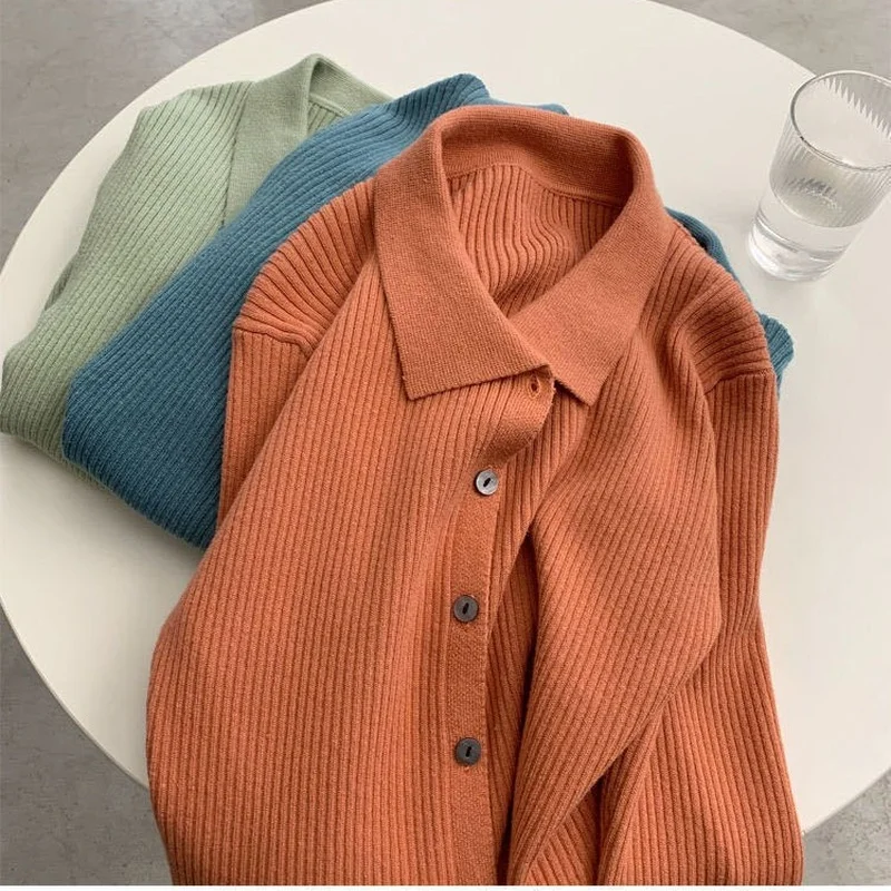 

Spring Autumn Knitted Cardigan Sweaters Women Vintage Lapel Long Sleeve Thin Cropped Knitwear Female Casual Slim Clothing Tops