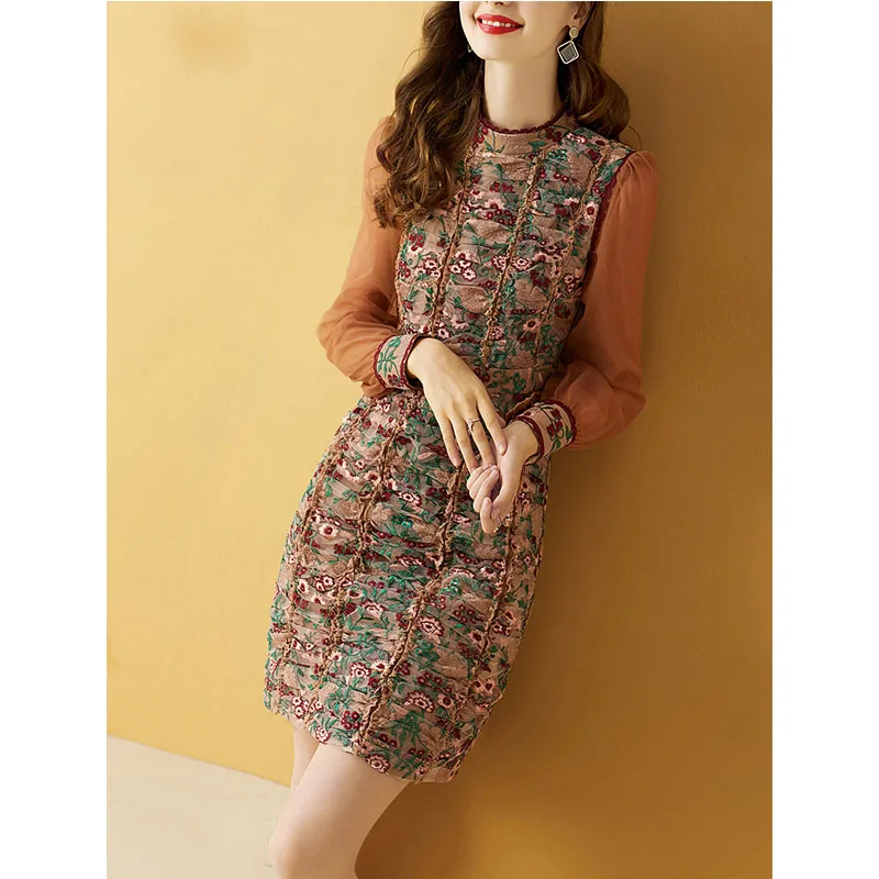 

Luxury 2021 Runway Dress Brand Elegant Vintage Harajuku Flower Embroidery Long Sleeve Lace Up Sexy Bodycon Party Mini Dresses Za