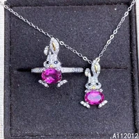 kjjeaxcmy fine jewelry natural pink topaz 925 sterling silver trendy girl new rabbit pendant necklace ring set support test