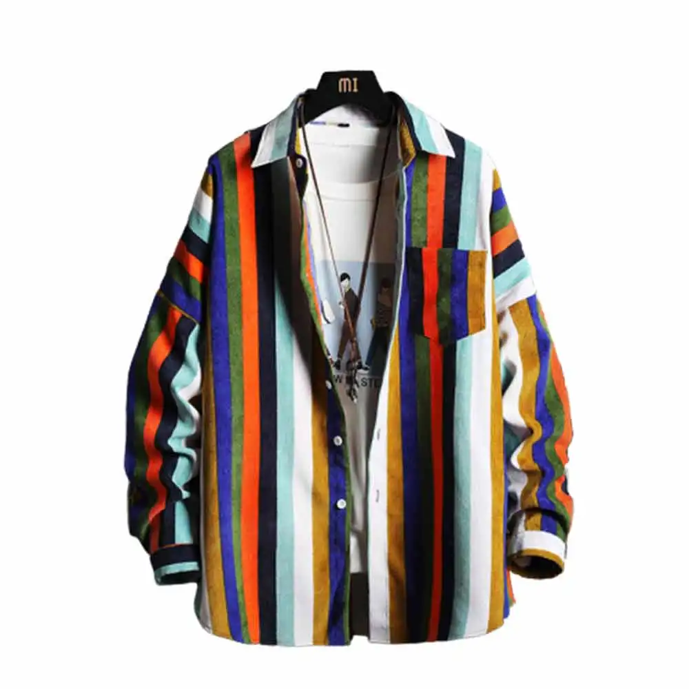 

Мужская Новая Европейская и американская цветная полосатая Повседневная Удобная рубашка мужская рубашка с отворотом с цветным блокирован...
