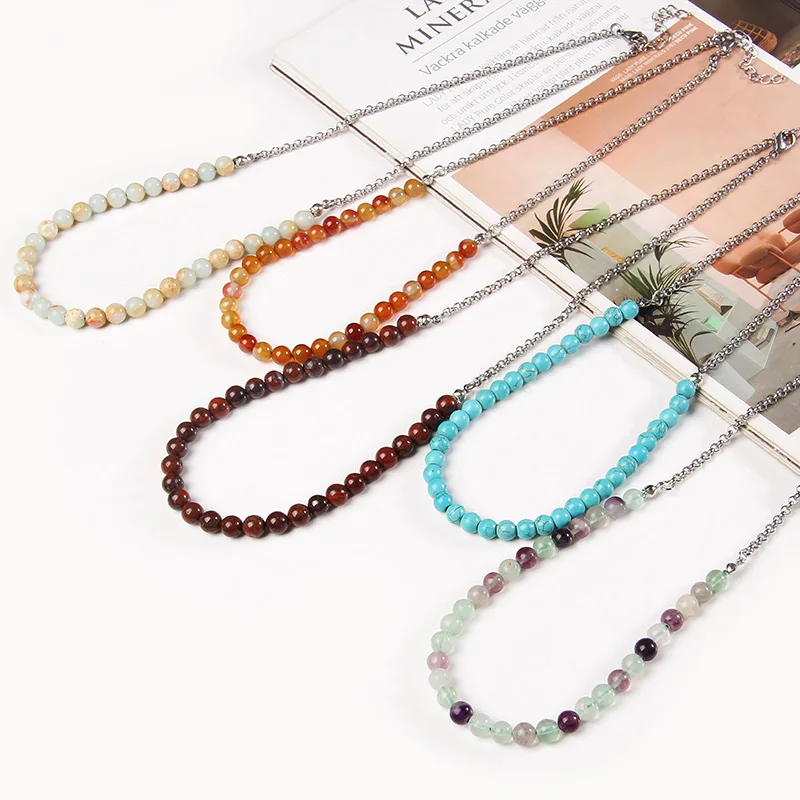 

Gemstones Necklace Women Natural Stone Agates Beads Chokers Silver Chains Bloodstone Long Necklaces Men Female Jewelry Fashion