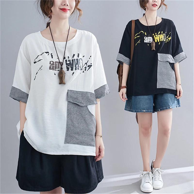 

BIG SIZE Summer Women Fashion Elegant Print Plaid Spliced Tops Ladies Female Plus Large Short Sleeve Cotton Linen Loose T Shirt