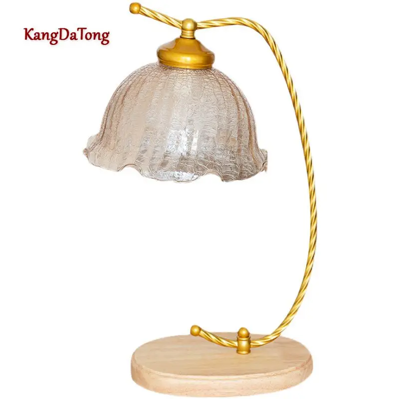 

European American Led Desk Lamp Bedroom Girl Light Luxury French Retro Country Glass Desk Solid Wood Romantic Bedside Lamp