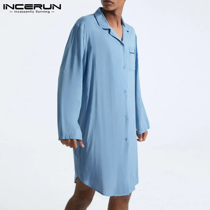 

INCERUN однотонные Цвет Для мужчин халаты с отложным воротником с длинными рукавами удобные домашний халат на пуговицах для ночного отдыха сво...