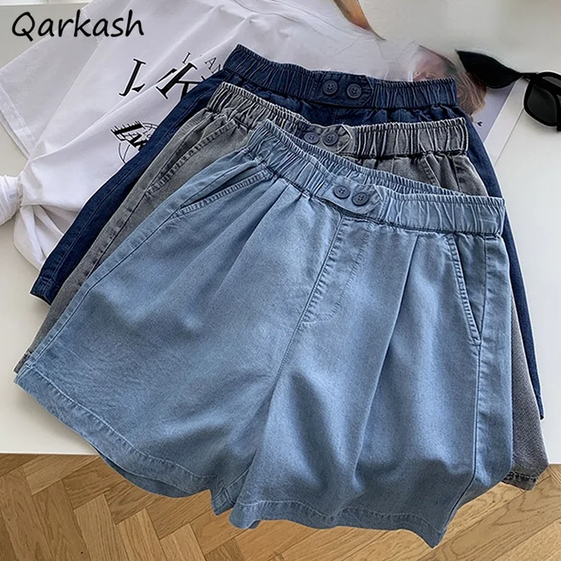 

Shorts Women Soft Denim Summer Comfortable Hipster Ladies Blue Washed Distressed High Waist Street Loose Pockets Buttons Casual