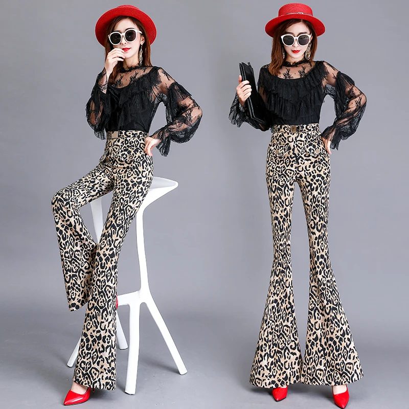 Весна лето 2019 модные женские леопардовые расклешенные брюки офисные узкие