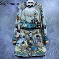 seifrmann new 2021 summer women fashion runway%c2%a0skirts set lantern sleeve tops high waist floral printed a line skirts suits