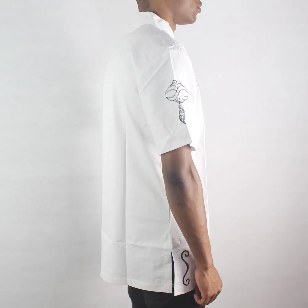 White Lucky Embroidery Men`s Ethnic Tops Collar Short Sleeved Muslim Shirts for Male Summer Wearing Футболка мужская