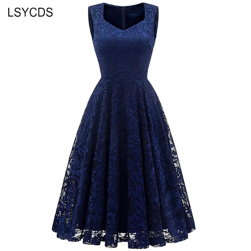 

LSYCDS Elegant Lace Dresses 2022 Sleeveless V Neck Wedding Party Wear Dress Vintage Big Swing Pink Red Black Blue Women Dress