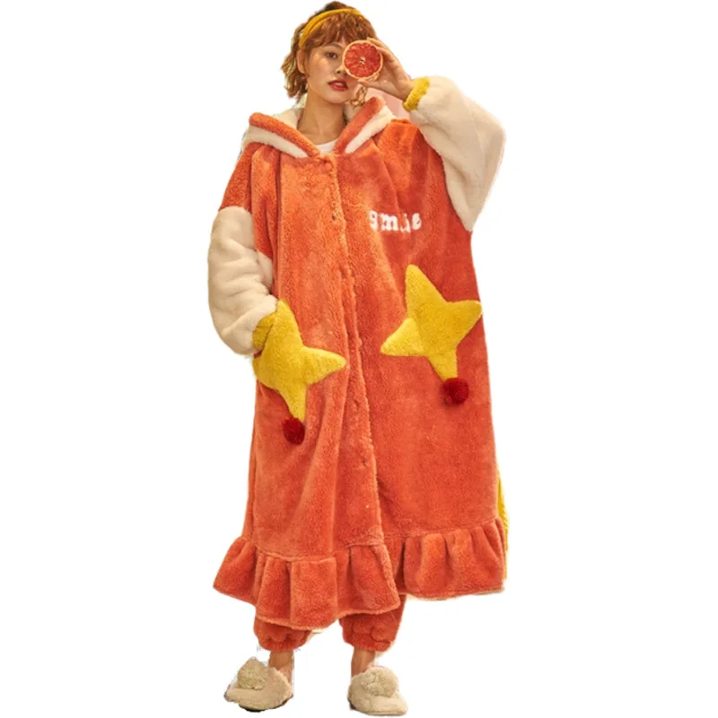 

Cartoon Hooded Household Clothes, Nightgown and Pajama Set Women Pajamas Sleepwear Sleep Tops Pijamas Women Robe Sets