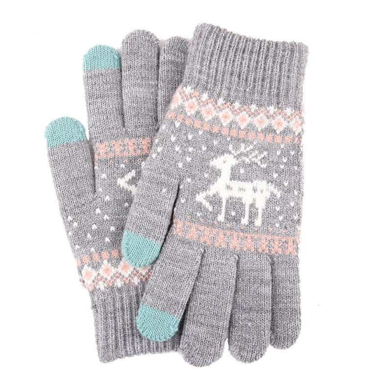 grey Women NEW Christmas Elk Deer Gloves Knitted Thicken Winter Warm Touch Screen Gloves Full Finger Mittens Red Pink Black Gloves - Цвет: grey