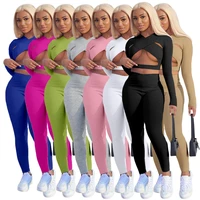 sexy strap cut out 2 pieces club outfit women long sleeve crop top and long skinny pants leggings party clubwear solid tracksuit