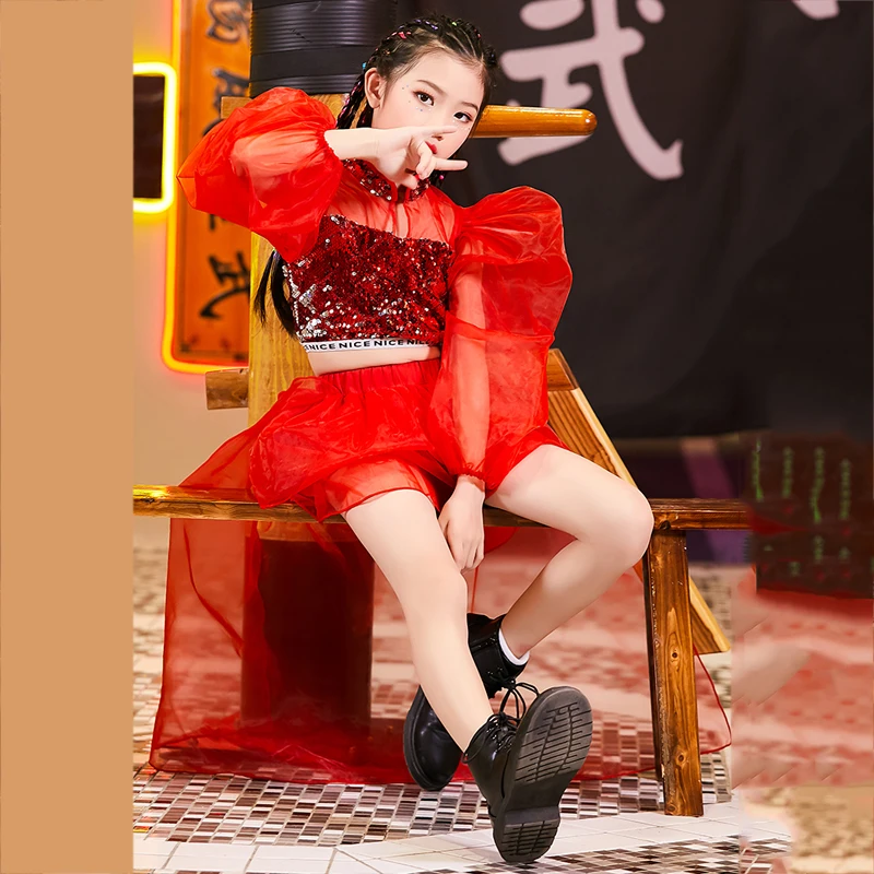 

2020 Children Girls Catwalk Costume Puffy Sleeves Red Sequin Jazz Dancing Costume Ballroom Performance Wear Tops Skirt Suit