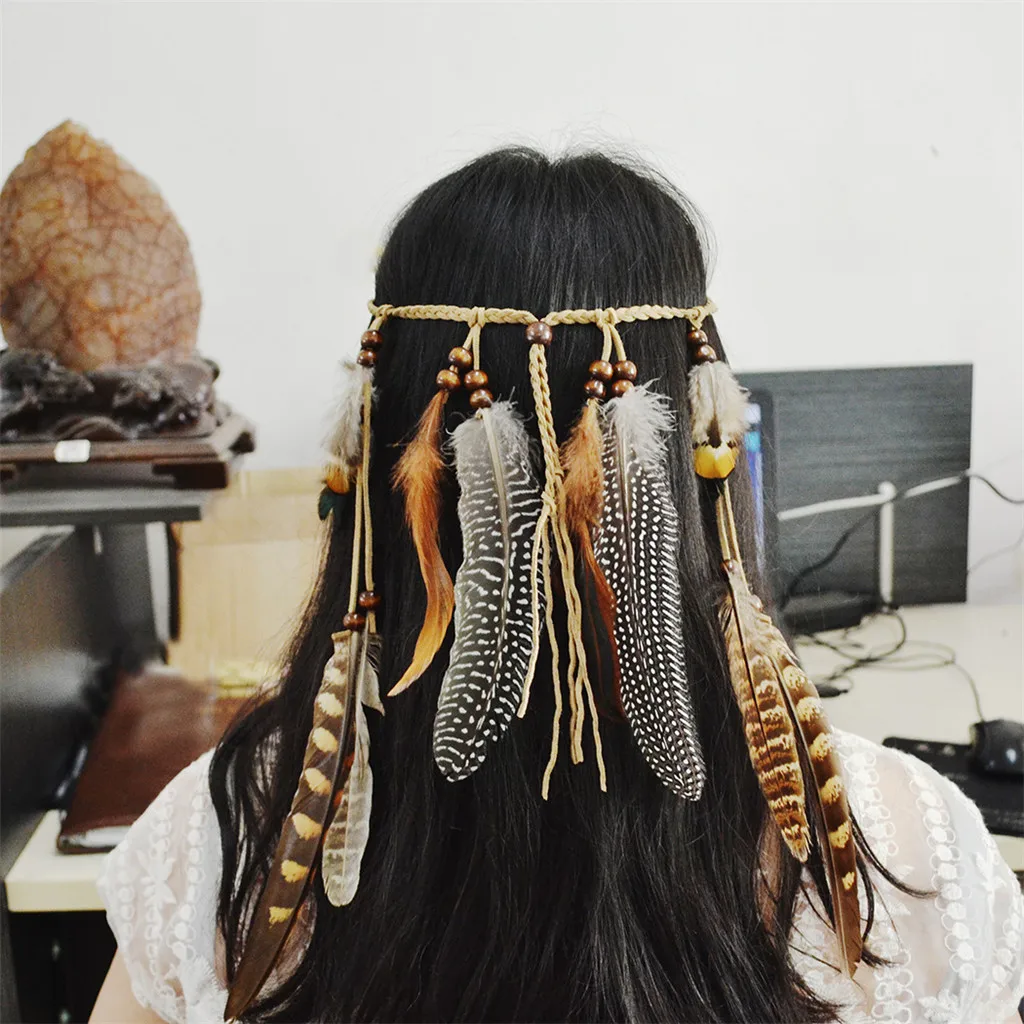 

Boho Ethnic Weave Feathers Tassel Headband Woven Rope Headdress Accessories