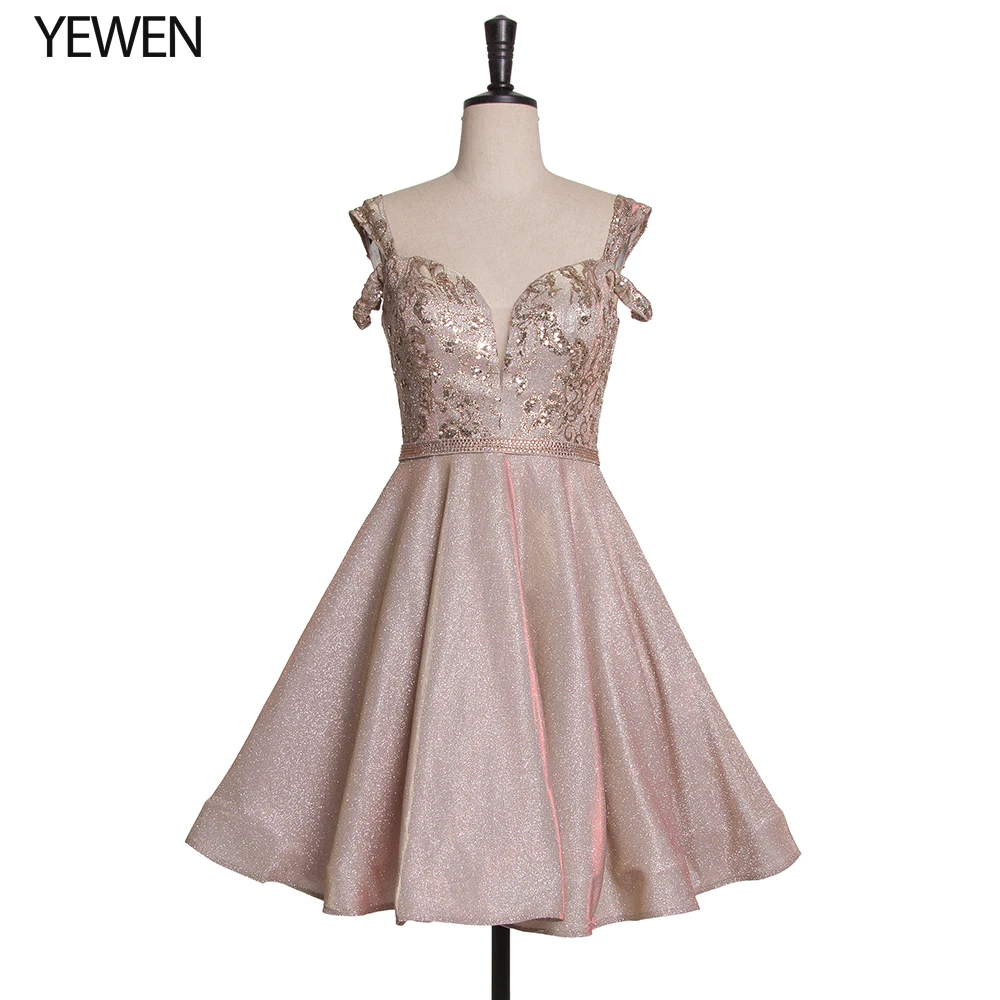 Элегантное платье для выпускного вечера с открытыми плечами 2019 короткое золотое