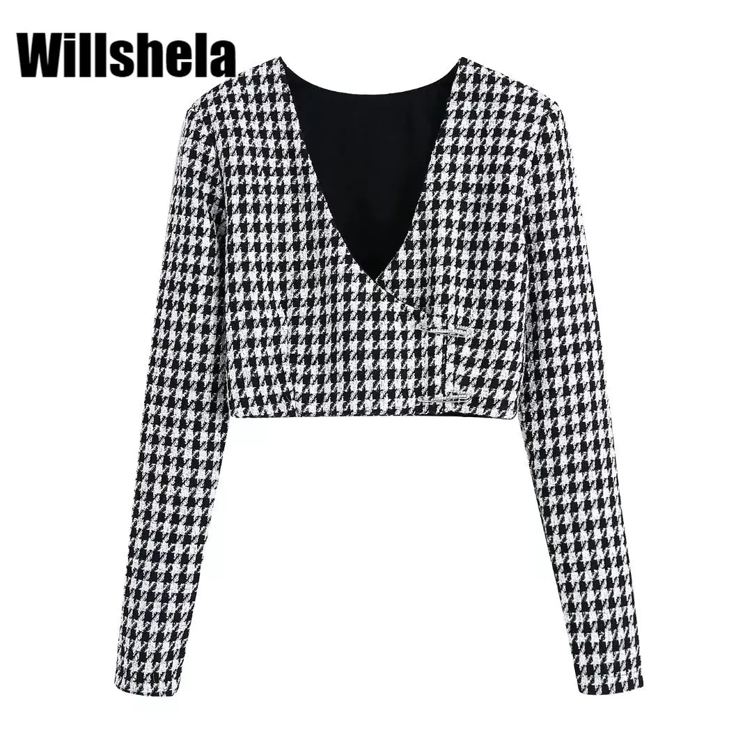 

Willshela Women Fashion Textured Crop Top with Surplice Neckline Long Sleeves Shiny Pins on Front Chic Lady Woman Short Top
