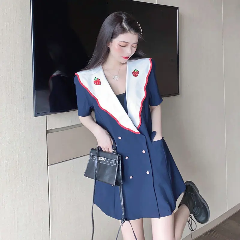 

Preppy Style Women Summer Blue Suit Dresses White Collar Patchwork Design With Strawberry Embroidery Double-Breasted One Piece