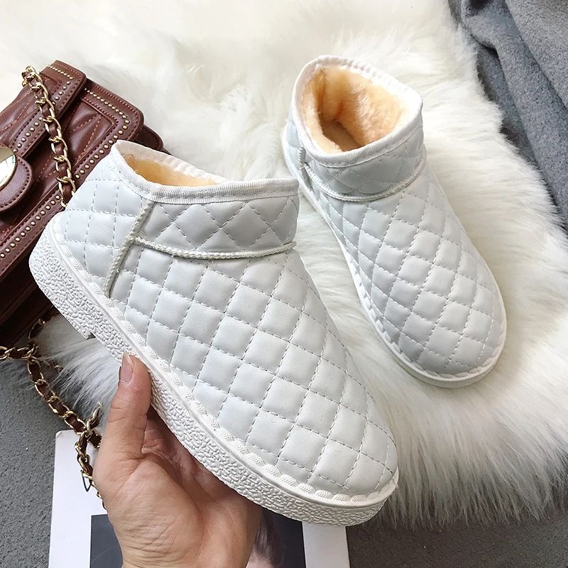 Женские зимние водонепроницаемые ботинки теплые хлопковые ботильоны в клетку на