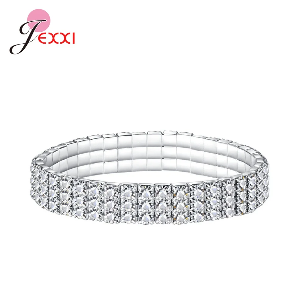 

925 Sterling Silver CZ Crystal Bracelet Bangle Stretch Bling Single Row Rhinestones Bracelets For Women Elasticity Wedding