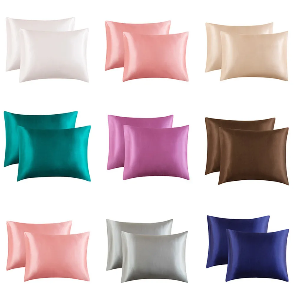 

2pcs Soft Comfortable Pillowcase Pure Color Emulation Silk Satin Pillowcase 51x76cm White Silver Gray Pink Pillow Cover For Bed
